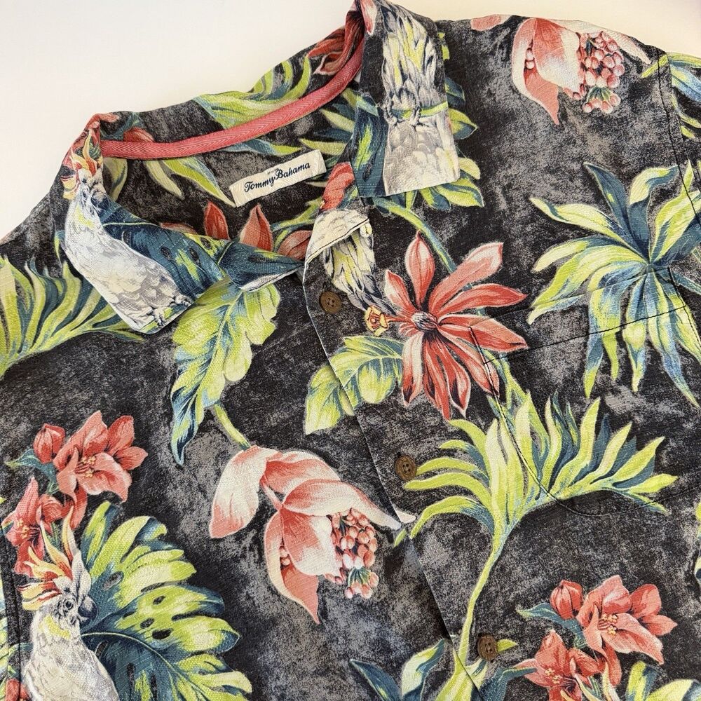 Tommy Bahama Mens XL 100% Silk Tropical Cockatoo Floral Hawaiian Shirt Camp